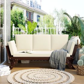 Outdoor Adjustable Patio Wooden Daybed Sofa Chaise Lounge with Cushions for Small Places; Brown Finish+Beige Cushion