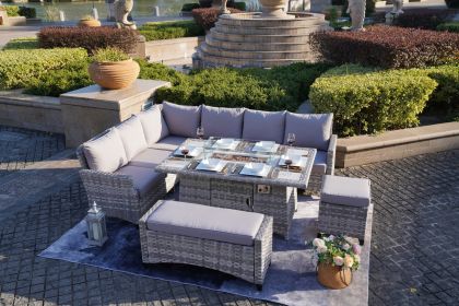 5-Piece Gray Wicker Outdoor Conversational Sofa Set with Fire Pit Table and Ottoman