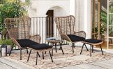 TOPMAX Outdoor Patio 5-Piece Rattan Conversation Set, PE Wicker Arm Chairs with Stools and Tempered Glass Tea Table for Balcony, Natural Rattan+Dark G