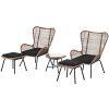 TOPMAX Outdoor Patio 5-Piece Rattan Conversation Set, PE Wicker Arm Chairs with Stools and Tempered Glass Tea Table for Balcony, Natural Rattan+Dark G