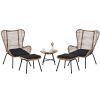 TOPMAX Outdoor Patio 5-Piece Rattan Conversation Set, PE Wicker Arm Chairs with Stools and Tempered Glass Tea Table for Balcony, Natural Rattan+Dark G