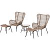 TOPMAX Outdoor Patio 5-Piece Rattan Conversation Set, PE Wicker Arm Chairs with Stools and Tempered Glass Tea Table for Balcony, Natural Rattan+Dark G