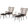 TOPMAX Outdoor Patio 5-Piece Rattan Conversation Set, PE Wicker Arm Chairs with Stools and Tempered Glass Tea Table for Balcony, Natural Rattan+Dark G