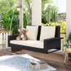 2-Person Wicker Hanging Porch Swing with Chains; Cushion; Pillow; Rattan Swing Bench for Garden; Backyard; Pond. (Brown Wicker; Beige Cushion)