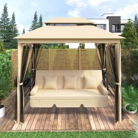 8.9 Ft. W x 5.9 Ft. D Outdoor Gazebo with Convertible Swing Bench;  Double Roof Soft Canopy Garden Backyard Gazebo with Mosquito Netting Suitable for (Color: khaki)