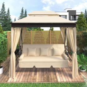 8.9 Ft. W x 5.9 Ft. D Outdoor Gazebo with Convertible Swing Bench;  Double Roof Soft Canopy Garden Backyard Gazebo with Mosquito Netting Suitable for (Color: Beige)