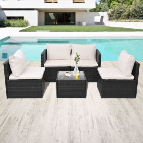 5 Piece Patio Lounge Set with Cushions Poly Rattan Black (Color: Black)