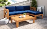 Outdoor Backyard Patio Wood 5-Piece Sectional Sofa Seating Group Set with Cushions; Natural Finish+ Beige Cushions