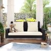 2-Person Wicker Hanging Porch Swing with Chains; Cushion; Pillow; Rattan Swing Bench for Garden; Backyard; Pond. (Brown Wicker; Beige Cushion)