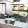 Patio Furniture Set; 6 Piece Outdoor Conversation Set; Dining Table Chair with Bench and Cushions