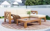 Outdoor Backyard Patio Wood 5-Piece Sectional Sofa Seating Group Set with Cushions; Natural Finish+ Beige Cushions